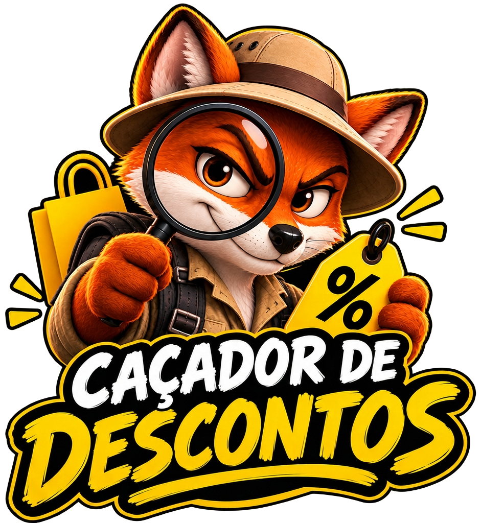 Logo do Caçador de Descontos: raposa exploradora com lupa, sacola de compras e etiqueta de desconto